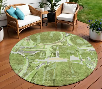 8' Artichoke Green And Fern Green Round Geometric Washable Indoor Outdoor Area Rug