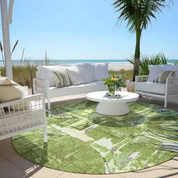 8' Artichoke Green And Fern Green Round Geometric Washable Indoor Outdoor Area Rug
