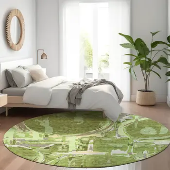 8' Artichoke Green And Fern Green Round Geometric Washable Indoor Outdoor Area Rug