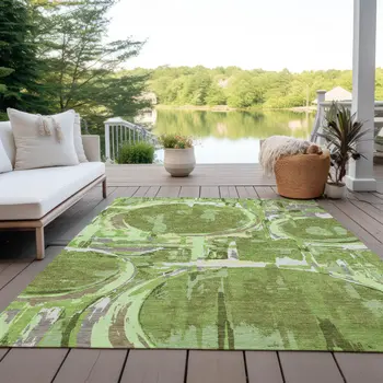 10' X 14' Artichoke Green And Fern Green Geometric Washable Indoor Outdoor Area Rug