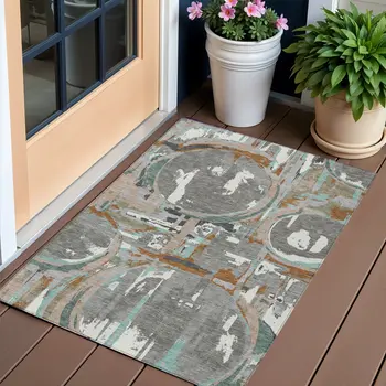 3' X 5' Gray Copper And Mint Green Geometric Washable Indoor Outdoor Area Rug