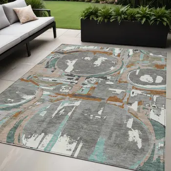 5' X 8' Gray Copper And Mint Green Geometric Washable Indoor Outdoor Area Rug