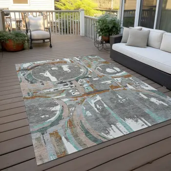 5' X 8' Gray Copper And Mint Green Geometric Washable Indoor Outdoor Area Rug
