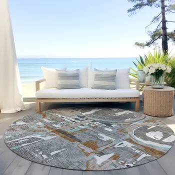 8' Gray Copper And Mint Green Round Geometric Washable Indoor Outdoor Area Rug