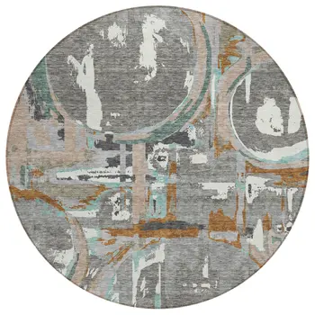 8' Gray Copper And Mint Green Round Geometric Washable Indoor Outdoor Area Rug