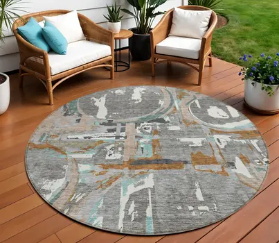 8' Gray Copper And Mint Green Round Geometric Washable Indoor Outdoor Area Rug