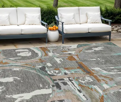 10' X 14' Gray Copper And Mint Green Geometric Washable Indoor Outdoor Area Rug