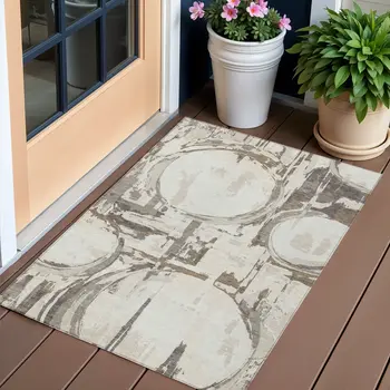3' X 5' Ivory Beige And Taupe Geometric Washable Indoor Outdoor Area Rug