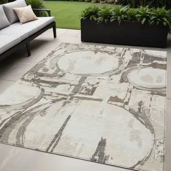 5' X 8' Ivory Beige And Taupe Geometric Washable Indoor Outdoor Area Rug