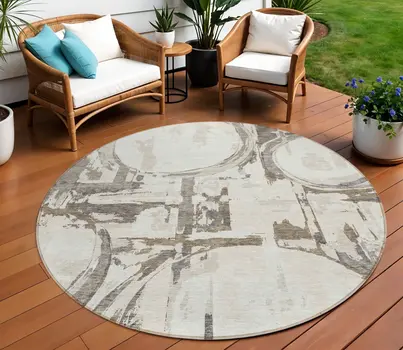 8' Ivory Beige And Taupe Round Geometric Washable Indoor Outdoor Area Rug