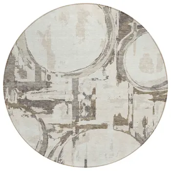8' Ivory Beige And Taupe Round Geometric Washable Indoor Outdoor Area Rug