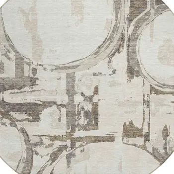 8' Ivory Beige And Taupe Round Geometric Washable Indoor Outdoor Area Rug