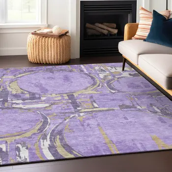 9' X 12' Lavender Lilac And Purple Geometric Washable Indoor Outdoor Area Rug