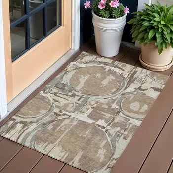 3' X 5' Brown Taupe And Beige Geometric Washable Indoor Outdoor Area Rug