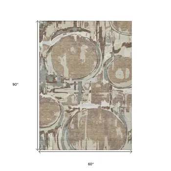 5' X 8' Brown Taupe And Beige Geometric Washable Indoor Outdoor Area Rug