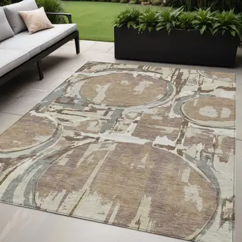 5' X 8' Brown Taupe And Beige Geometric Washable Indoor Outdoor Area Rug