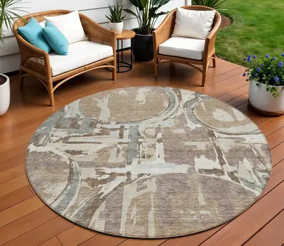 8' Brown Taupe And Beige Round Geometric Washable Indoor Outdoor Area Rug