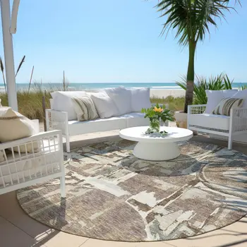 8' Brown Taupe And Beige Round Geometric Washable Indoor Outdoor Area Rug