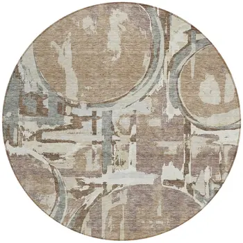 8' Brown Taupe And Beige Round Geometric Washable Indoor Outdoor Area Rug