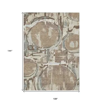 9' X 12' Brown Taupe And Beige Geometric Washable Indoor Outdoor Area Rug