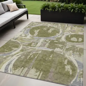 5' X 8' Olive Green Gray And Beige Geometric Washable Indoor Outdoor Area Rug