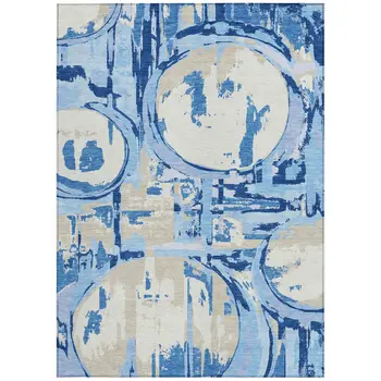 3' X 5' Sky Blue And Denim Blue Geometric Washable Indoor Outdoor Area Rug