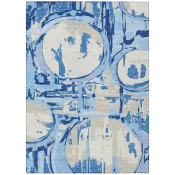 5' X 8' Sky Blue And Denim Blue Geometric Washable Indoor Outdoor Area Rug