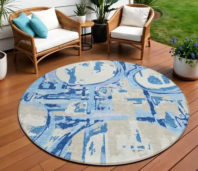 8' Sky Blue And Denim Blue Round Geometric Washable Indoor Outdoor Area Rug