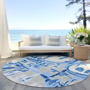 8' Sky Blue And Denim Blue Round Geometric Washable Indoor Outdoor Area Rug