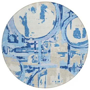 8' Sky Blue And Denim Blue Round Geometric Washable Indoor Outdoor Area Rug