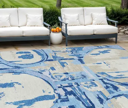 9' X 12' Sky Blue And Denim Blue Geometric Washable Indoor Outdoor Area Rug