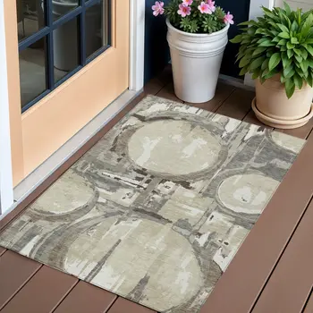 3' X 5' Tan Taupe And Beige Geometric Washable Indoor Outdoor Area Rug
