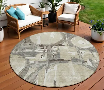 8' Tan Taupe And Beige Round Geometric Washable Indoor Outdoor Area Rug