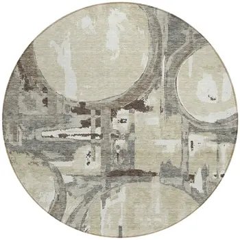 8' Tan Taupe And Beige Round Geometric Washable Indoor Outdoor Area Rug