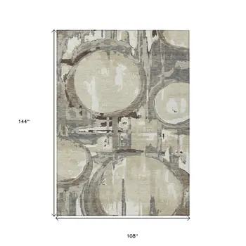 9' X 12' Tan Taupe And Beige Geometric Washable Indoor Outdoor Area Rug