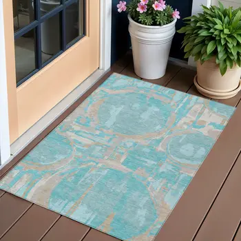 3' X 5' Teal Blue Aqua And Taupe Geometric Washable Indoor Outdoor Area Rug