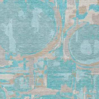 3' X 5' Teal Blue Aqua And Taupe Geometric Washable Indoor Outdoor Area Rug