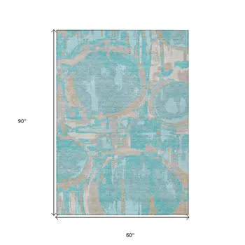 5' X 8' Teal Blue Aqua And Taupe Geometric Washable Indoor Outdoor Area Rug