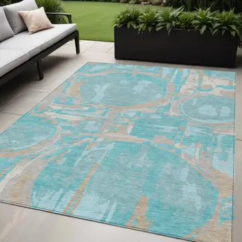5' X 8' Teal Blue Aqua And Taupe Geometric Washable Indoor Outdoor Area Rug