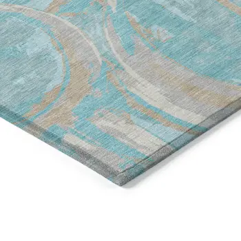 5' X 8' Teal Blue Aqua And Taupe Geometric Washable Indoor Outdoor Area Rug