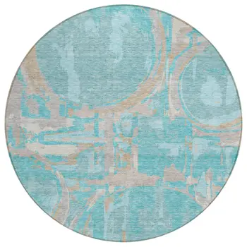 8' Teal Blue Aqua And Taupe Round Geometric Washable Indoor Outdoor Area Rug