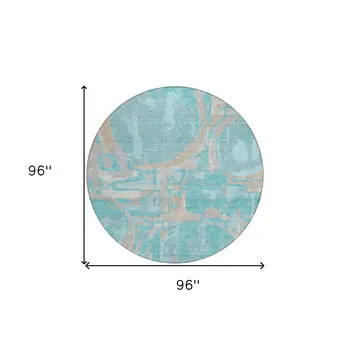 8' Teal Blue Aqua And Taupe Round Geometric Washable Indoor Outdoor Area Rug