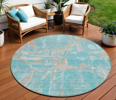 8' Teal Blue Aqua And Taupe Round Geometric Washable Indoor Outdoor Area Rug
