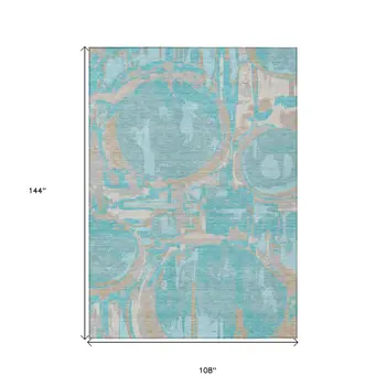 9' X 12' Teal Blue Aqua And Taupe Geometric Washable Indoor Outdoor Area Rug