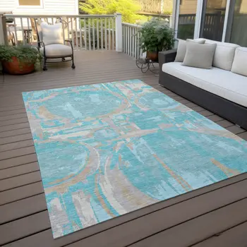 9' X 12' Teal Blue Aqua And Taupe Geometric Washable Indoor Outdoor Area Rug