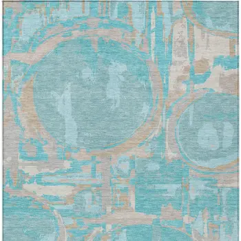 9' X 12' Teal Blue Aqua And Taupe Geometric Washable Indoor Outdoor Area Rug