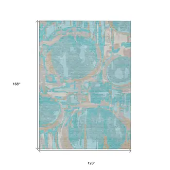 10' X 14' Teal Blue Aqua And Taupe Geometric Washable Indoor Outdoor Area Rug