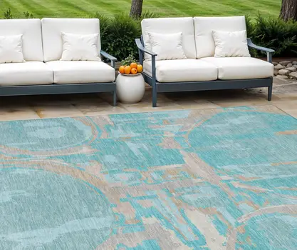 10' X 14' Teal Blue Aqua And Taupe Geometric Washable Indoor Outdoor Area Rug