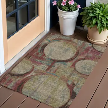3' X 5' Taupe Beige And Blush Geometric Washable Indoor Outdoor Area Rug