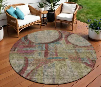8' Taupe Beige And Blush Round Geometric Washable Indoor Outdoor Area Rug